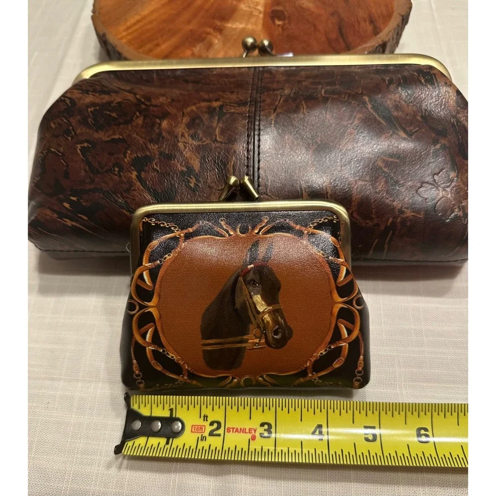 Patricia Nash Brown Leather Frame Clutch and Horse Coin Purse Set Kiss Lock